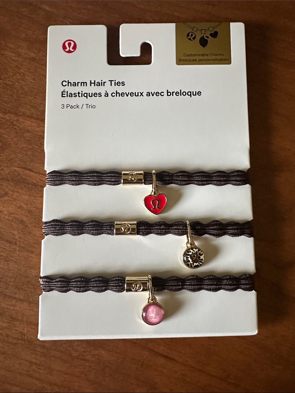 Lululemon Charm Hair Ties - Brown with Red & Pink Charms (3 Pack) NWT
